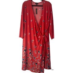NWT The Limited Flowy Stretch Red Floral Long Sleeve Faux Wrap Dress Size 2X